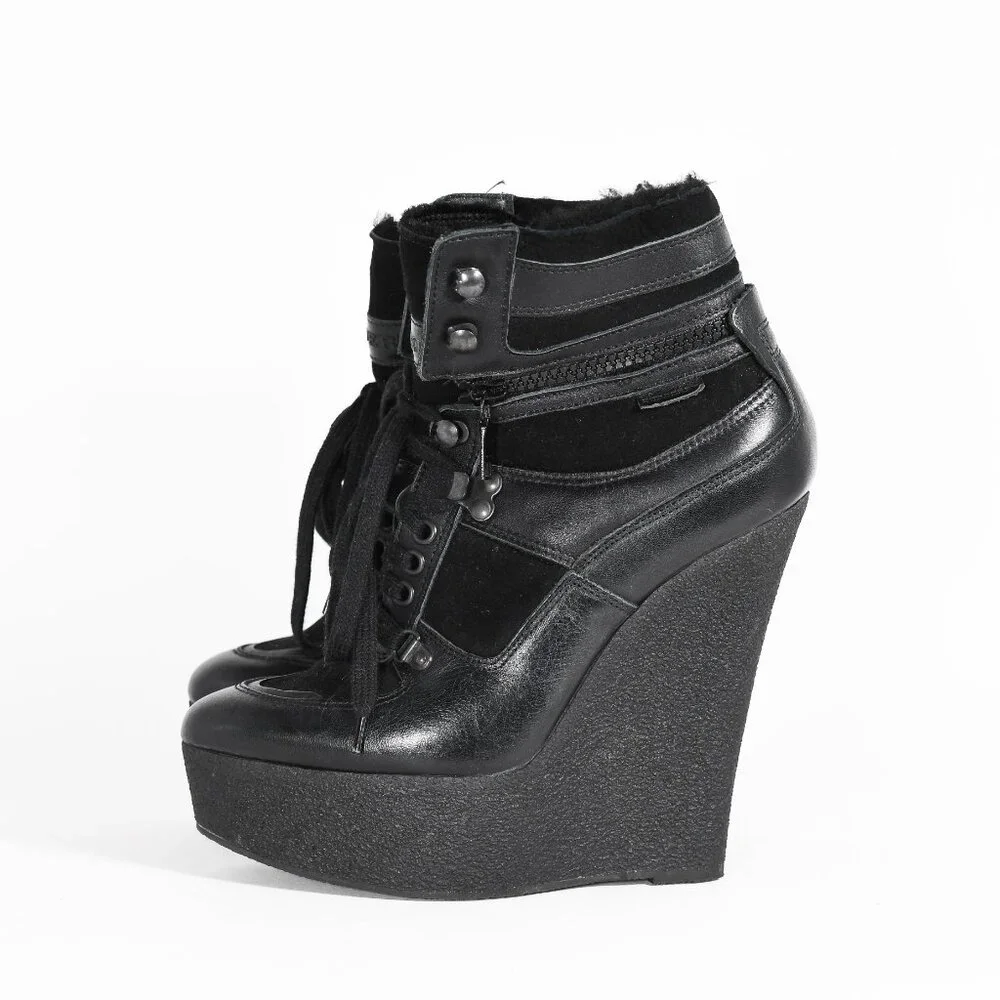 Burberry Black Leather Lace-Up Wedge Boots Women’s Size 38 - Picture 5 of 16